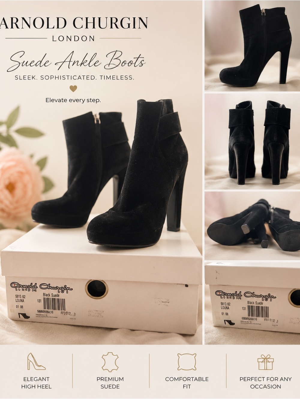 Arnold Churgin London “Ladina” black suede platform ankle booties size 10B